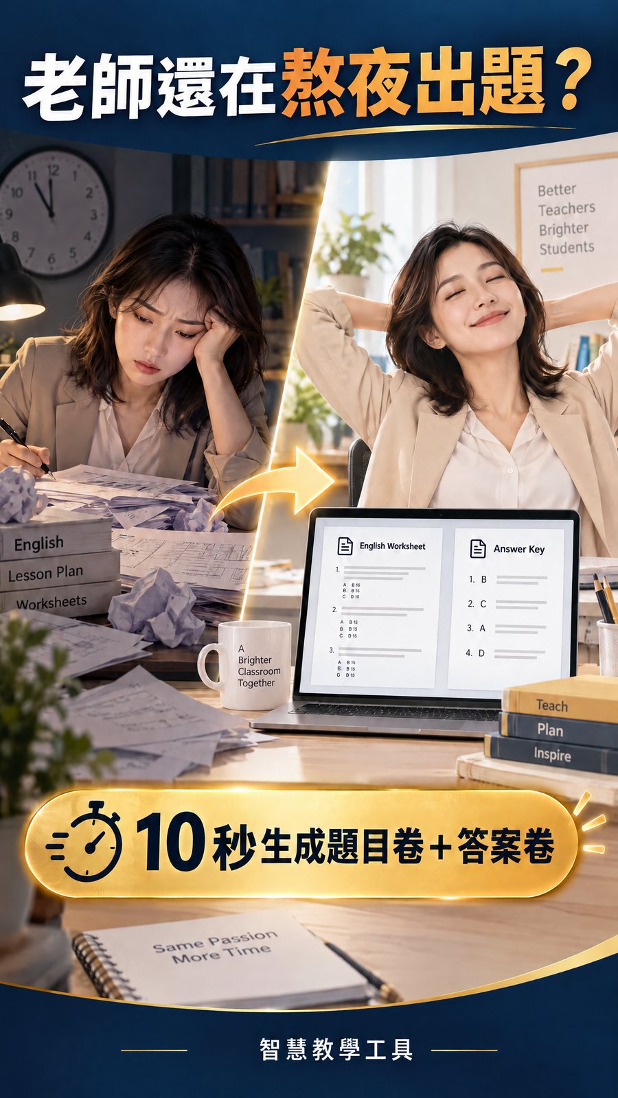 海報:左邊疲憊的老師被考卷包圍,右邊輕鬆的老師看著筆電上的題目卷與答案卷,標語為 10 秒生成題目卷加答案卷